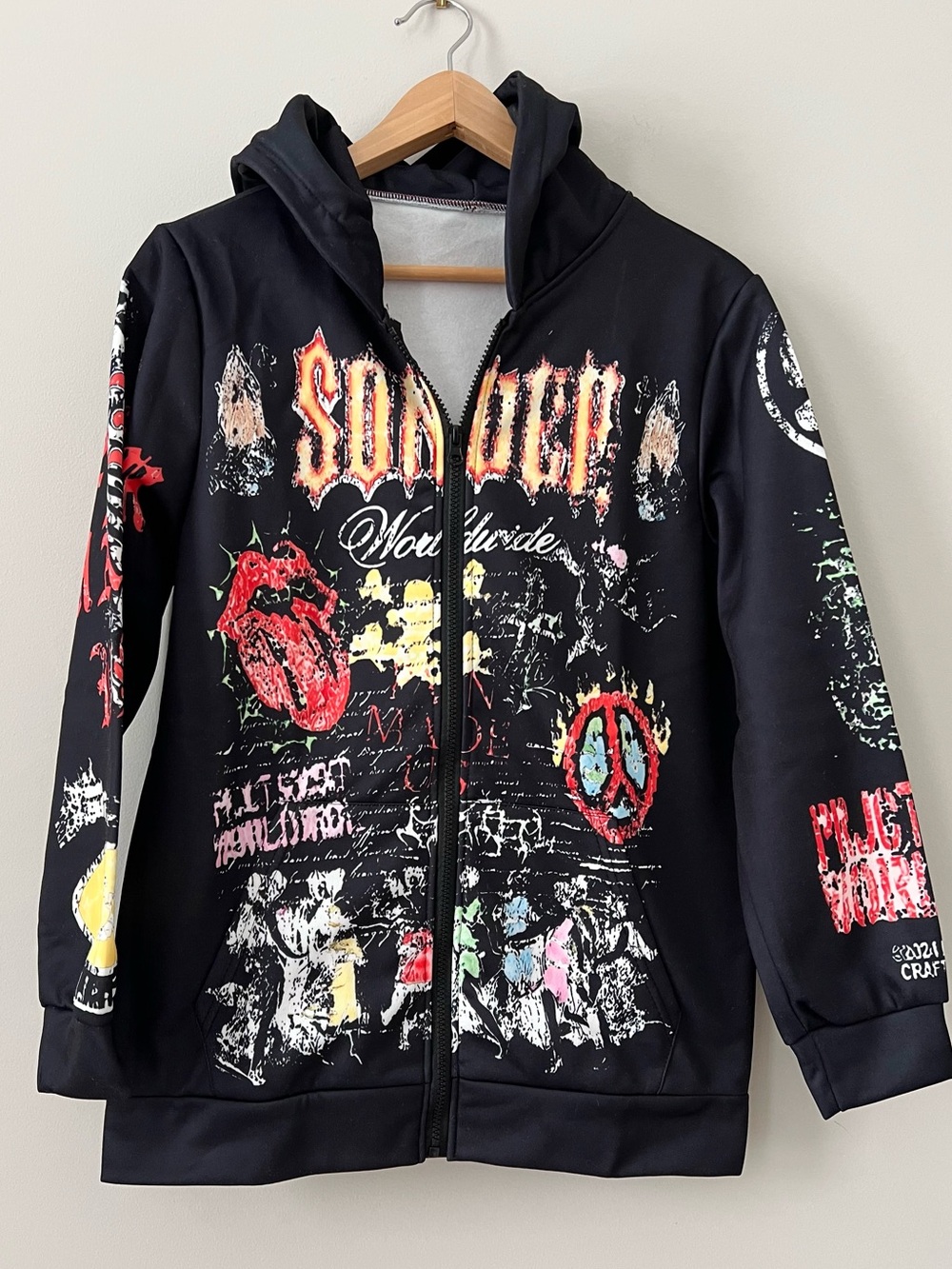 Unisex Y2K Graphic Zip-Up Hoodie Jacket Grunge Size S
